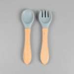 قاشق و چنگال چوبی سر سیلیکونی کودک و نوراد - تصویر 5