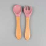 قاشق و چنگال چوبی سر سیلیکونی کودک و نوراد - تصویر 4